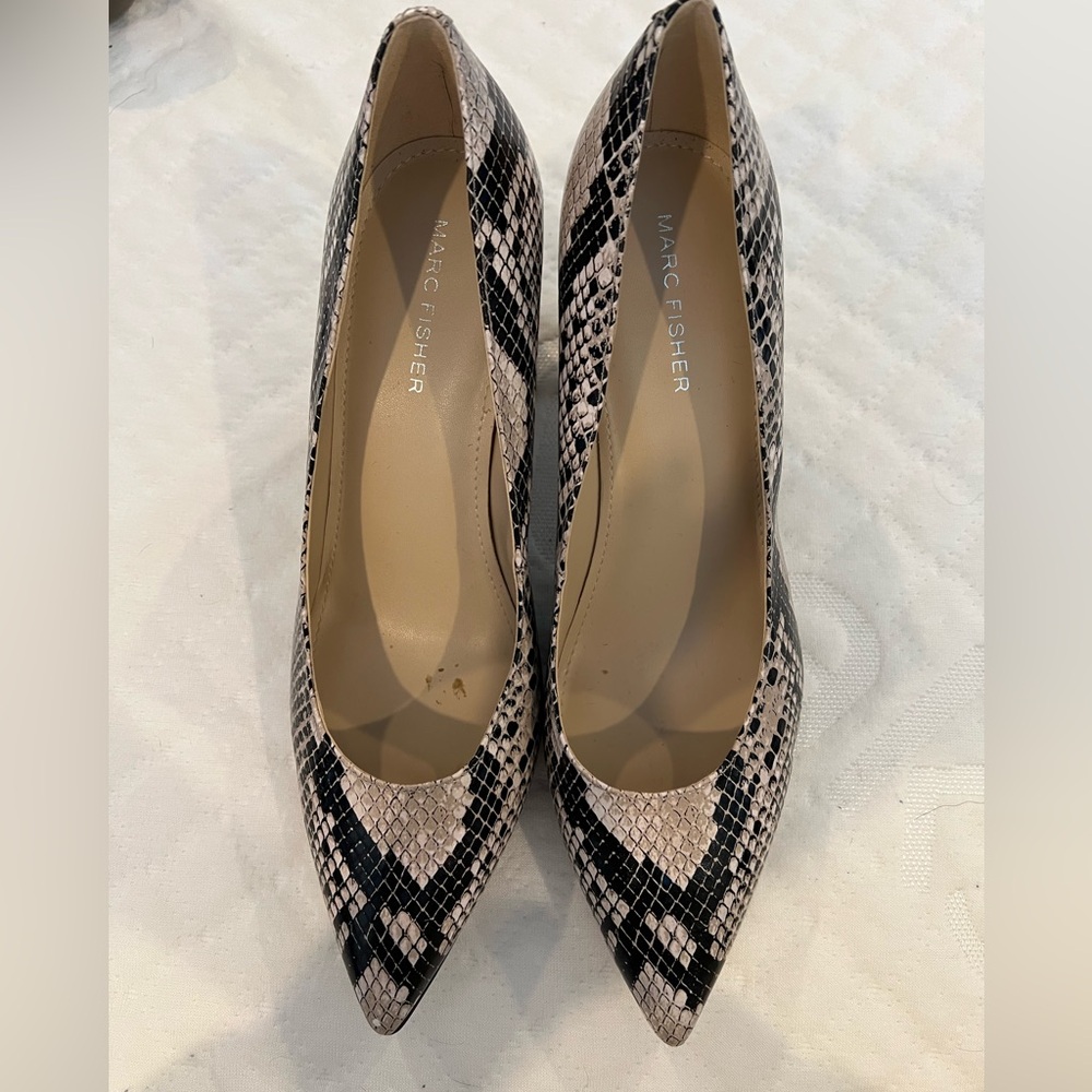 Marc Fisher women’s snakeskin print heels, black/white/gray